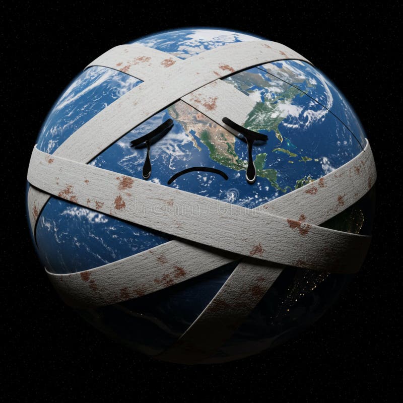 Un'illustrazione digitale della Terra avvolta in fasce logorate che mostrano un volto triste con illustrazione vettoriale