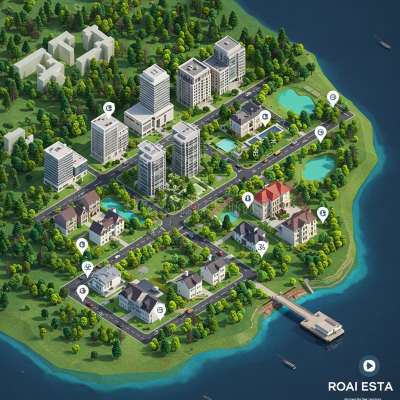 Un'illustrazione digitale isometrica di una città costiera presenta un mix di città e città illustrazione vettoriale