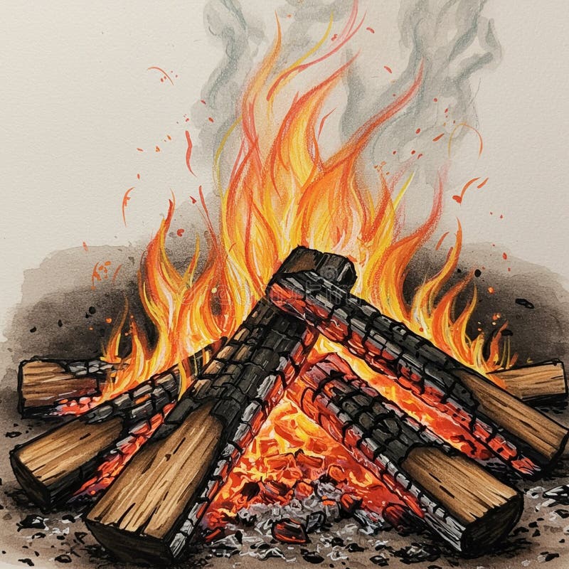 Un'illustrazione digitale presenta un fuoco con diversi tronchi di colore marrone disposti in illustrazione vettoriale