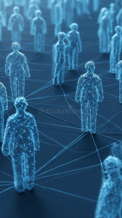 Un'illustrazione digitale raffigura una rete di figure umane con wireframe blu trasparente illustrazione vettoriale