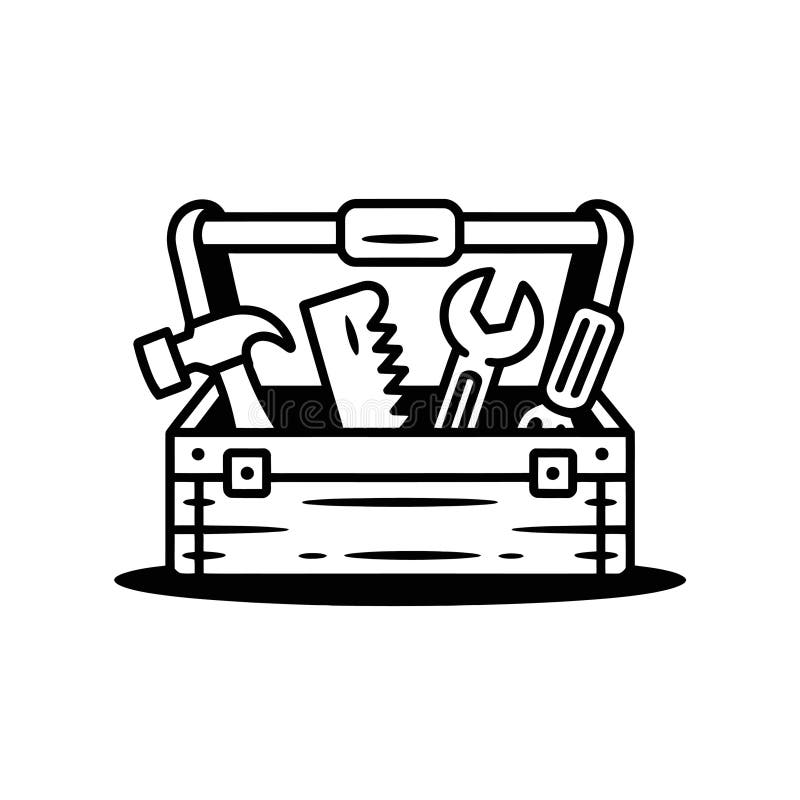 Un'illustrazione nera raffigura una cassetta di attrezzi riempita di vari strumenti, come una chiave per seghe a martello e un cac illustrazione di stock