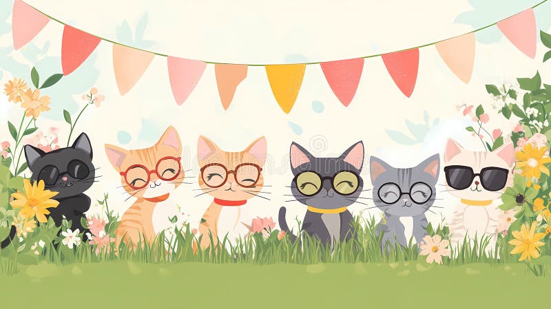 Un'immagine allegra di sei gatti che indossano occhiali circondati da fiori e da un cuoco di colori illustrazione vettoriale