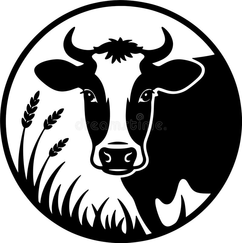 Un'immagine in bianco e nero stilizzata con una mucca in una cornice circolare con erba ed elementi di frumento che evoca la vita royalty illustrazione gratis