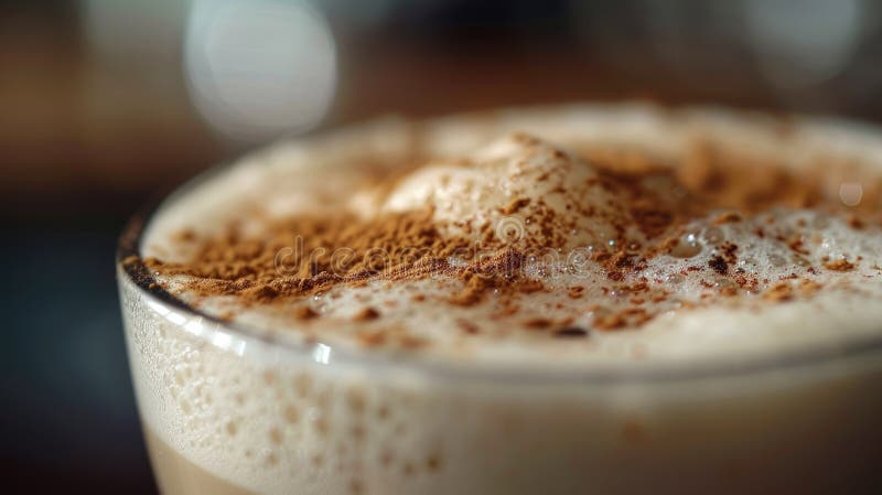 Un'immagine di chiusura che mostra un latte con schiuma schiumosa e una spruzzatura di cannella in un recipiente di vetro62 immagini stock