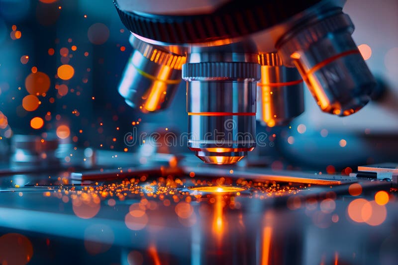 Un'immagine di chiusura di un microscopio futuristico che rivela microscopia illustrazione vettoriale
