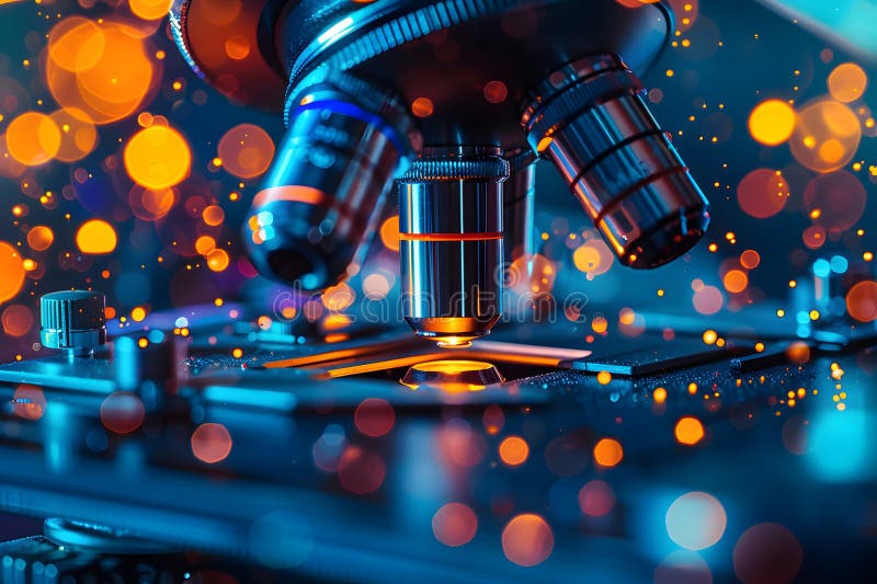 Un'immagine di chiusura di un microscopio futuristico che rivela strutture microscopiche illustrazione di stock