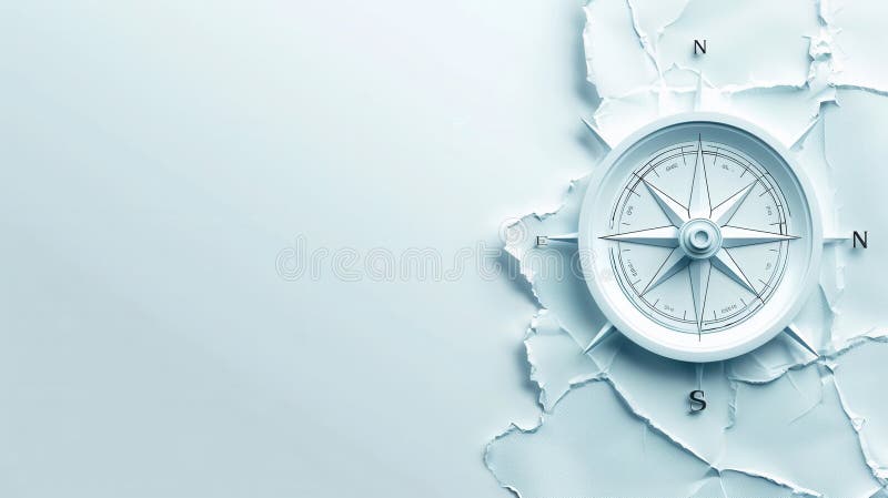 Un'immagine di chiusura di una bussola bianca con linee chiare su uno sfondo blu chiaro. questa immagine semplice e simbolica è id immagini stock libere da diritti