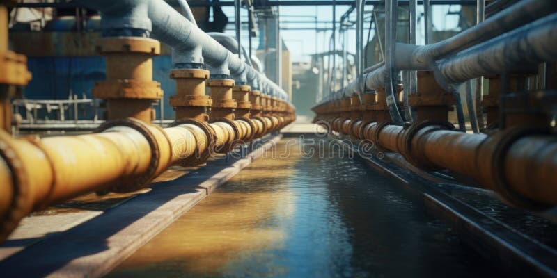 Un'immagine di una lunga linea di tubi che scorrevano l'acqua. Questa immagine può essere utilizzata per rappresentare le infrastrutture industriali o il concetto di approvvigionamento e distribuzione di acqua. Generato dall'AI