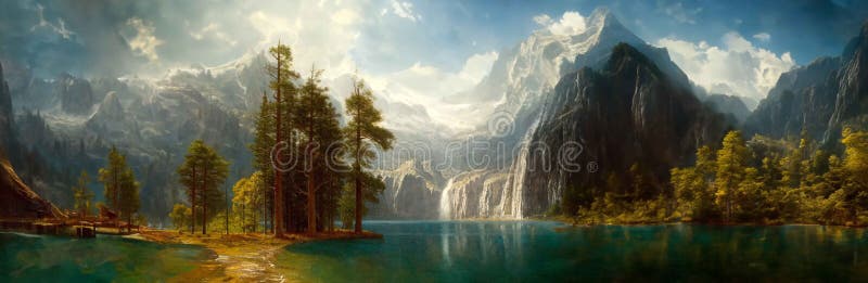 Un'immagine panoramica di un paesaggio di fantasia con montagne e colline più alberi e fiume fotografie stock