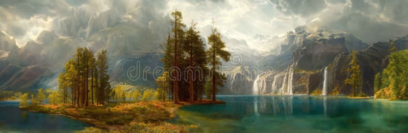 Un'immagine panoramica di un paesaggio di fantasia con montagne e colline più alberi e fiume fotografie stock libere da diritti