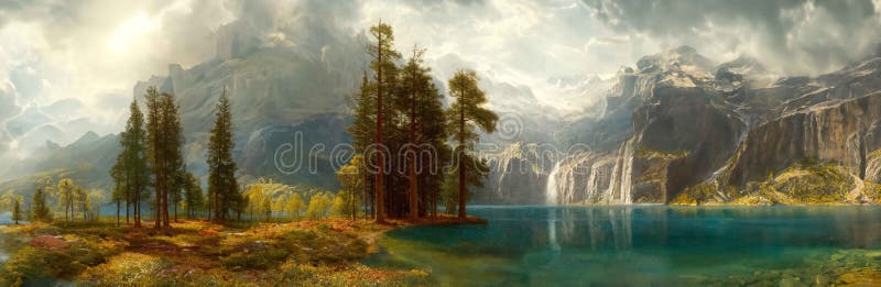 Un'immagine panoramica di un paesaggio di fantasia con montagne e colline più alberi e fiume immagini stock libere da diritti