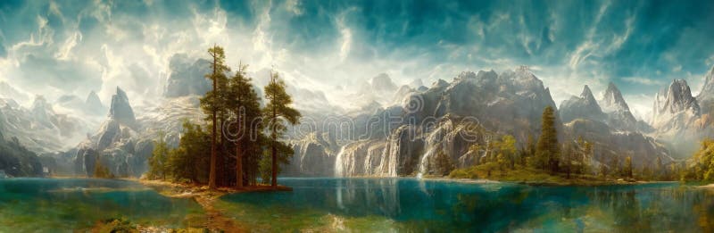 Un'immagine panoramica di un paesaggio di fantasia con montagne e colline più alberi e fiume fotografia stock