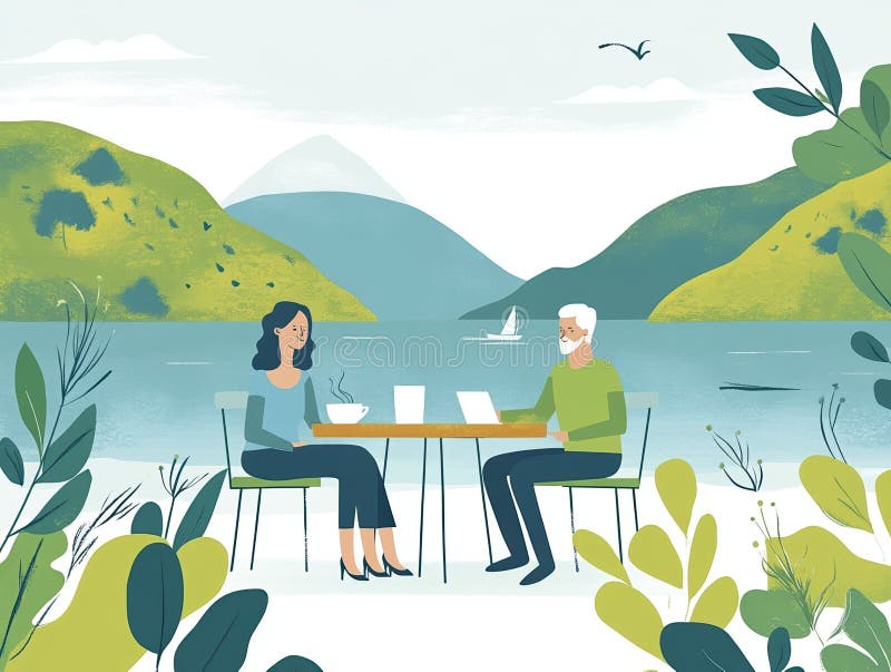 Un'immagine piatta di un bar all'aperto di un oceano minimalista. illustrazione vettoriale