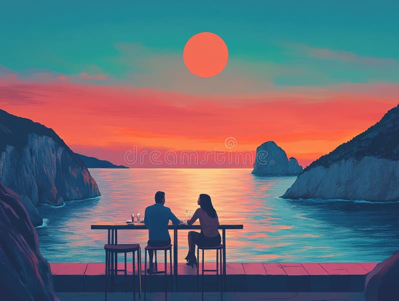Un'immagine piatta di un bar all'aperto di un oceano minimalista. royalty illustrazione gratis