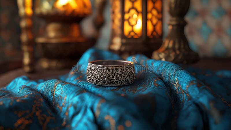 Un inel de argint delicat, cu un model complicat de filigree, se bazează pe mătase marocană albastră adâncă royalty free stock photography