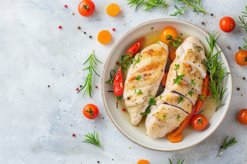 Un’insalata di pollo grigliata appena preparata con una miscela colorata di verde fotografia stock