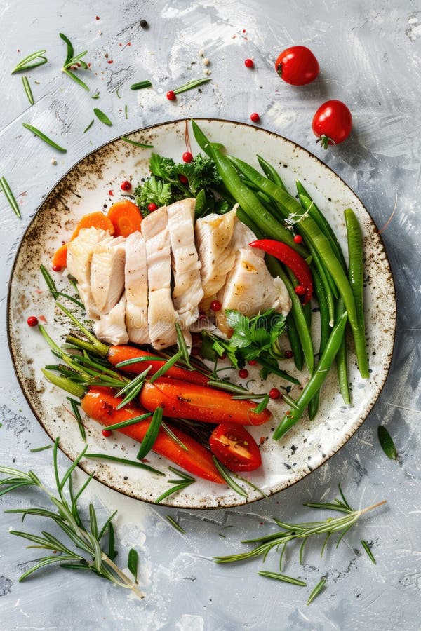 Un’insalata di pollo grigliata appena preparata con una miscela colorata di verde fotografia stock libera da diritti