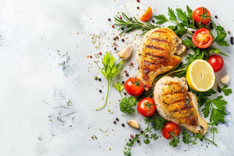 Un’insalata di pollo grigliata appena preparata con una miscela colorata di verde fotografia stock