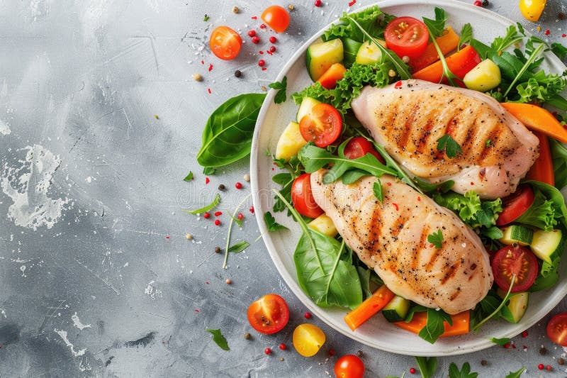 Un’insalata di pollo grigliata appena preparata con una miscela colorata di verde fotografia stock libera da diritti
