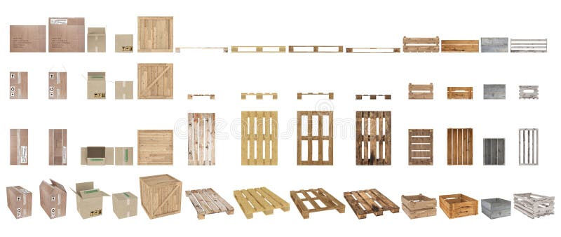 Un insieme dei pallet, delle scatole e dei cartoni Vista superiore, vista laterale, vista frontale e prospettiva Isolato su prior royalty illustrazione gratis Un insieme dei pallet, delle scatole e dei cartoni Vista superiore, vista laterale, vista frontale e prospettiva Isolato su prior royalty illustrazione gratis