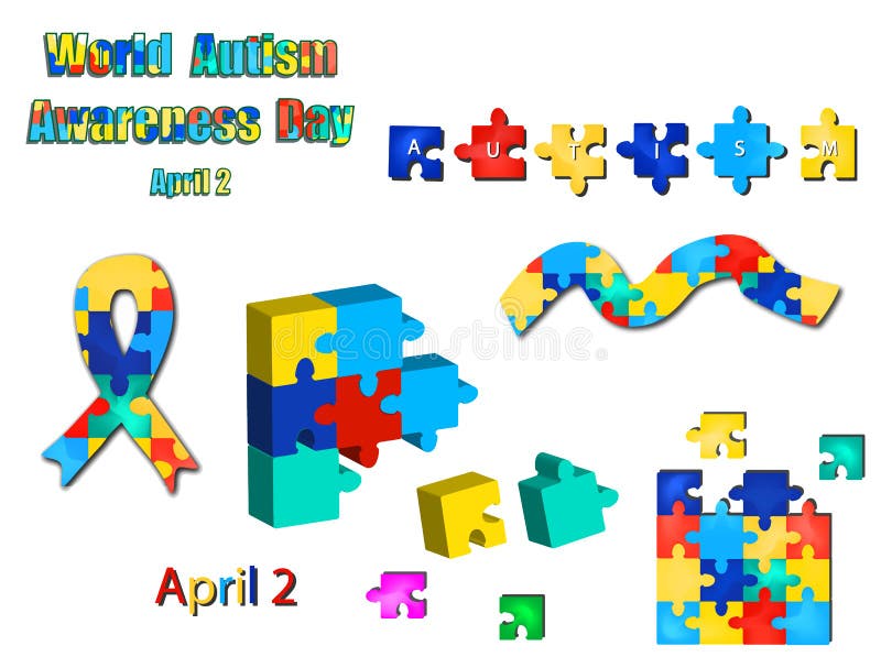 Un insieme dei puzzle dai nastri e delle iscrizioni con il giorno di autismo del mondo Illustrazione di vettore su fondo isolato illustrazione vettoriale Un insieme dei puzzle dai nastri e delle iscrizioni con il giorno di autismo del mondo Illustrazione di vettore su fondo isolato illustrazione vettoriale