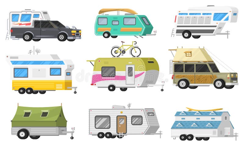 Un insieme dei rimorchi o del caravan di campeggio della famiglia rv Bus turistico e tenda per ricreazione ed il viaggio all'aper royalty illustrazione gratis Un insieme dei rimorchi o del caravan di campeggio della famiglia rv Bus turistico e tenda per ricreazione ed il viaggio all'aper royalty illustrazione gratis