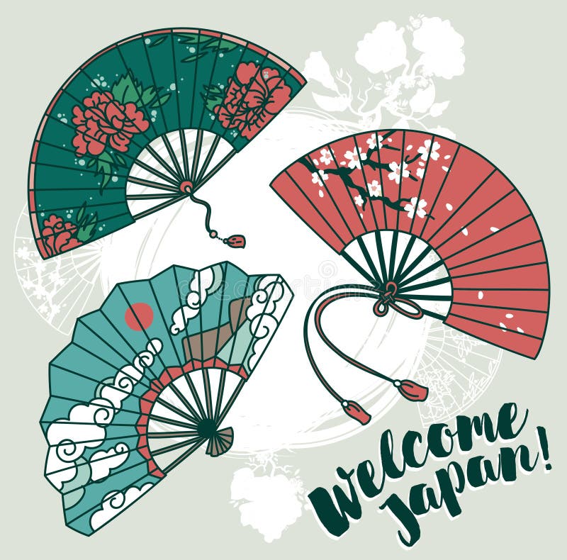 Un insieme del fan asiatico tradizionale della carta della mano tre con i bei ornamenti royalty illustrazione gratis Un insieme del fan asiatico tradizionale della carta della mano tre con i bei ornamenti royalty illustrazione gratis