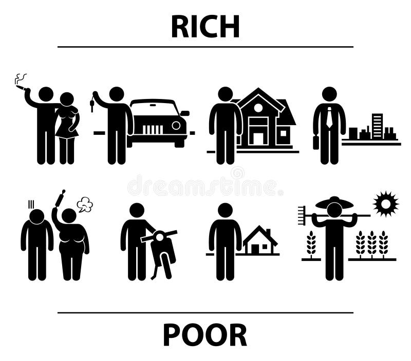 A set of people stick figure pictograms representing the differences between rich and poor people in term of spouse, transportation, property, and work. A set of people stick figure pictograms representing the differences between rich and poor people in term of spouse, transportation, property, and work.