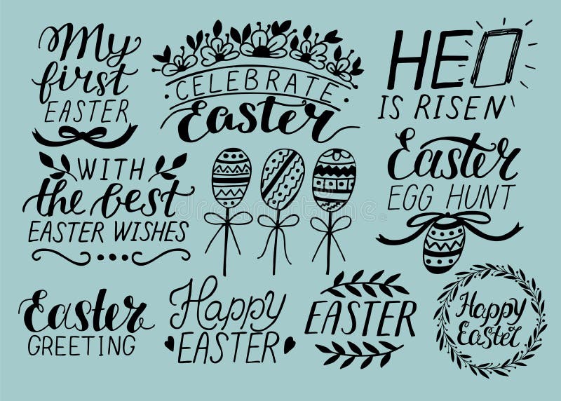 Un insieme della mano 9 che segna circa Pasqua È aumentato Caccia dell'uovo celebri illustrazione di stock Un insieme della mano 9 che segna circa Pasqua È aumentato Caccia dell'uovo celebri illustrazione di stock
