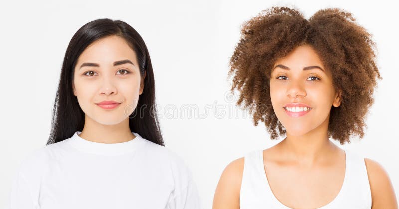 Un insieme di due fronti delle donne asiatici e dell'afroamericano isolato su fondo bianco Cura di pelle, concetto dell'acconciat