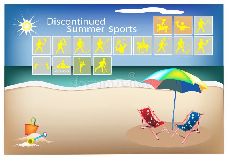 Illustration Collection of 16 Discontinued Summer Sport Icons on Beach Background. Illustration Collection of 16 Discontinued Summer Sport Icons on Beach Background.