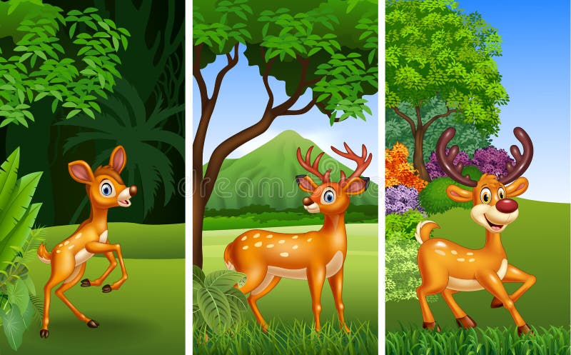 Un insieme di tre animali dei cervi con il fondo della natura illustrazione di stock Un insieme di tre animali dei cervi con il fondo della natura illustrazione di stock