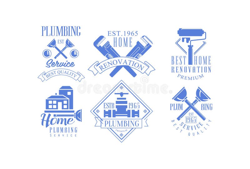 Un insieme di vettore di 6 modelli monocromatici di logo per i servizi della costruzione e scandagliare Rinnovamento, pittura per illustrazione di stock