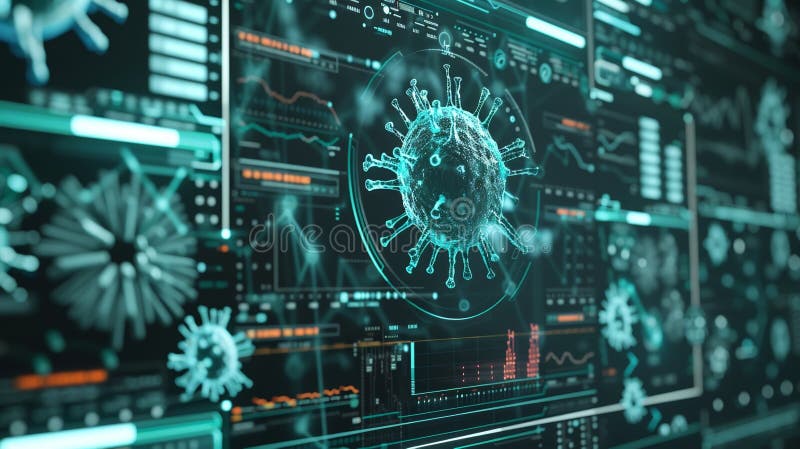 Un'interfaccia digitale futuristica visualizza un virus sotto un microscopio circondato da dati e grafici illustrazione di stock