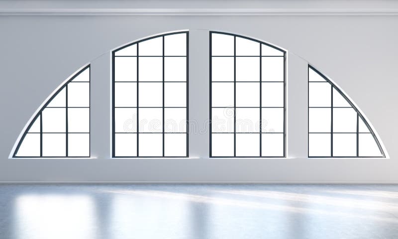 Un interior brillante y limpio moderno vacío del desván Ventanas panorámicas enormes con las paredes blancas del espacio y del bl ilustración del vector Un interior brillante y limpio moderno vacío del desván Ventanas panorámicas enormes con las paredes blancas del espacio y del bl ilustración del vector