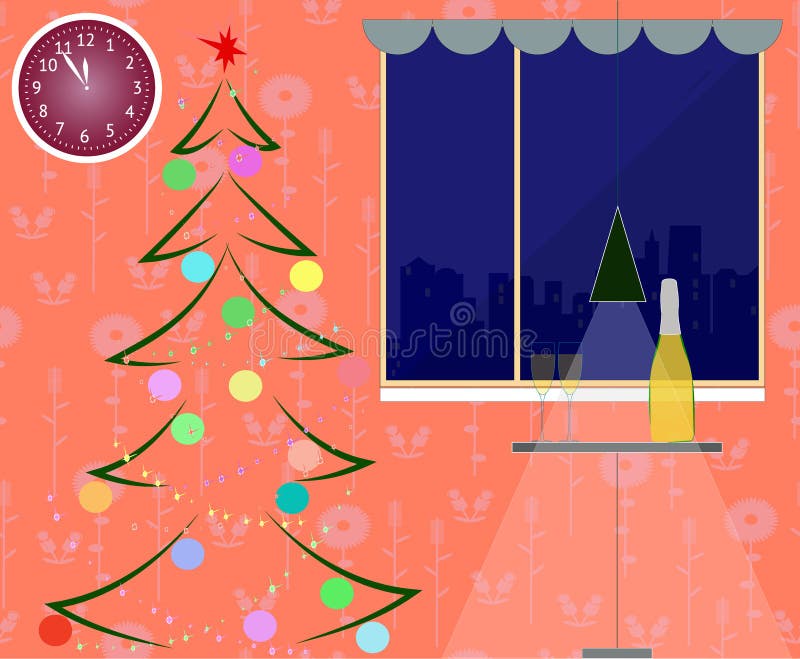 Un interior del sitio de Año Nuevo con el abeto Árbol de navidad, decoración y champán Ilustración del vector stock de ilustración Un interior del sitio de Año Nuevo con el abeto Árbol de navidad, decoración y champán Ilustración del vector stock de ilustración