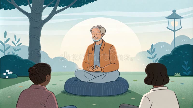 Un ispiratore di mentore digitale che mostra tecniche di consapevolezza durante una tranquilla sessione di meditazione. fotografia stock libera da diritti