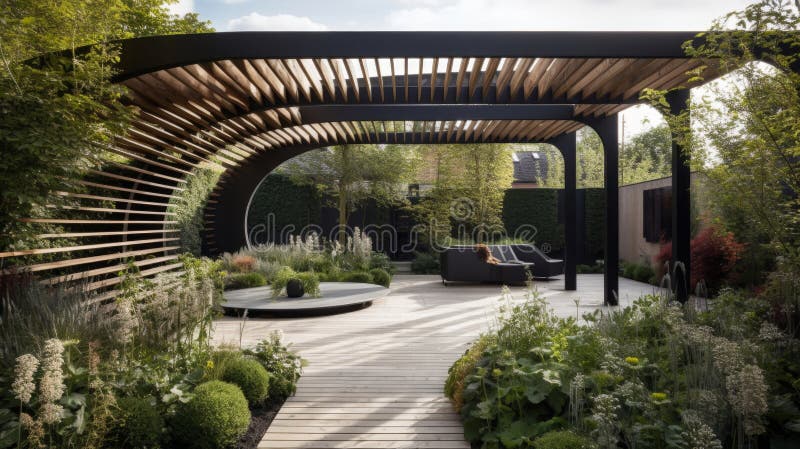 Un jardín moderno con una pérgola limpia y esculturas de declaración. generado por ai libre illustration