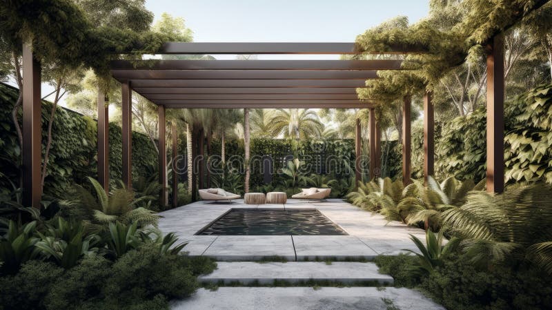 Un jardín moderno con una pérgola limpia y esculturas de declaración. generado por ai stock de ilustración