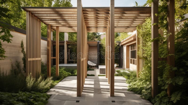 Un jardín moderno con una pérgola limpia y esculturas de declaración. generado por ai stock de ilustración