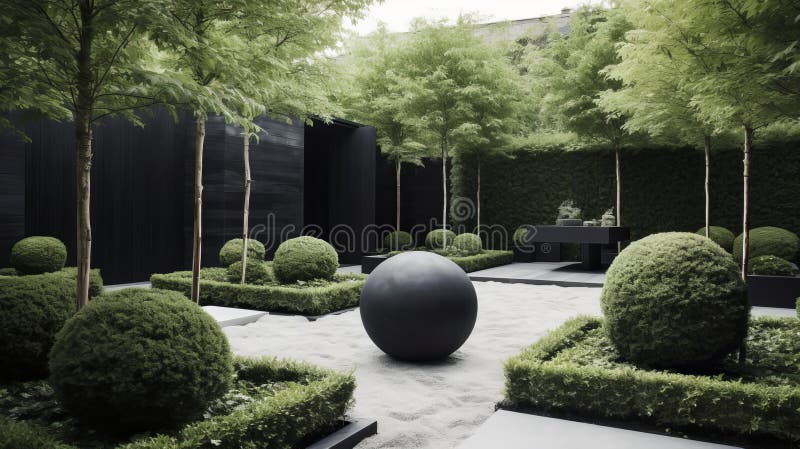 Un jardín moderno y depurado con una paleta de colores monocromáticos y esculturas de declaración. generado por ai stock de ilustración