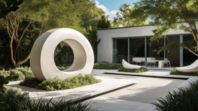 Un jardín moderno y depurado con una paleta de colores monocromáticos y esculturas de declaración. generado por ai ilustración del vector