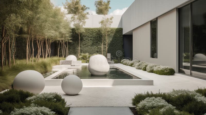 Un jardín moderno y depurado con una paleta de colores monocromáticos y esculturas de declaración. generado por ai stock de ilustración