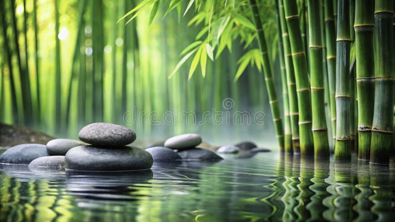 Un jardín zen sereno que cautiva la tranquilidad a través de piedras acuáticas y bambú en un paisaje asiático minimalista A ilustración del vector