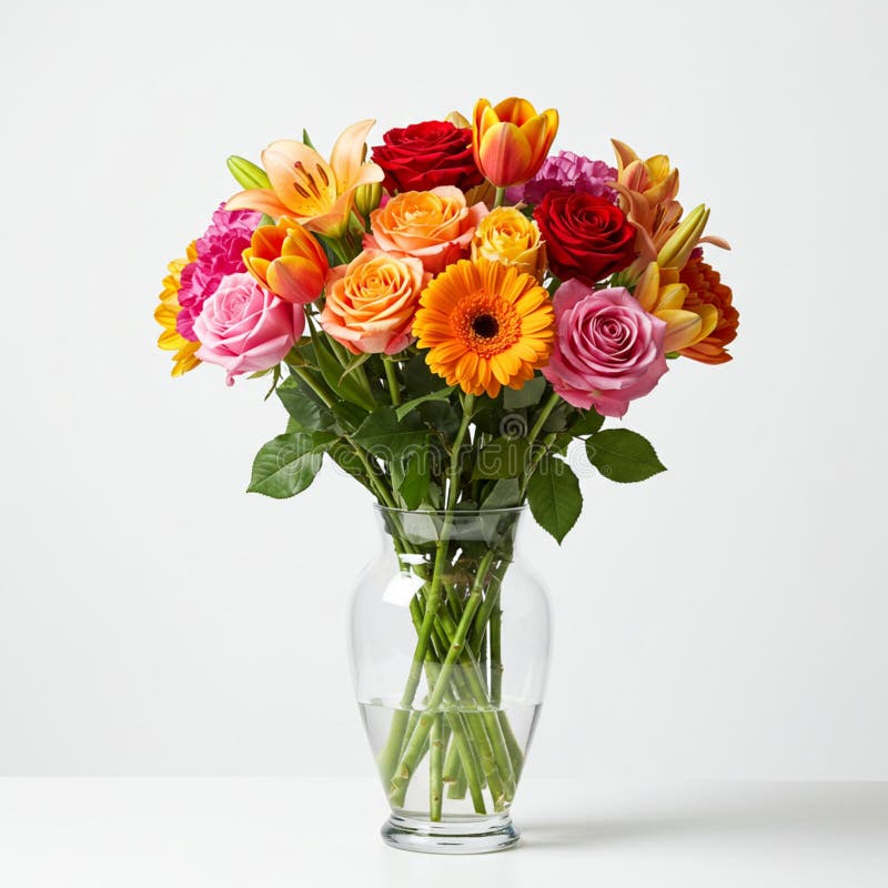 Un jarrón de vidrio transparente contiene un ramo de flores mestizas de color naranja stock de ilustración