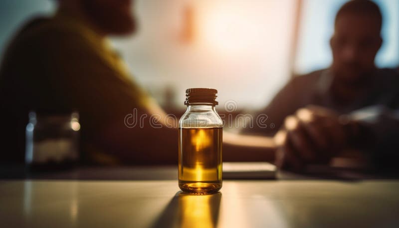 A young adult sitting indoors, holding a medicine bottle generated by artificial intelligence AI generated. A young adult sitting indoors, holding a medicine bottle generated by artificial intelligence AI generated