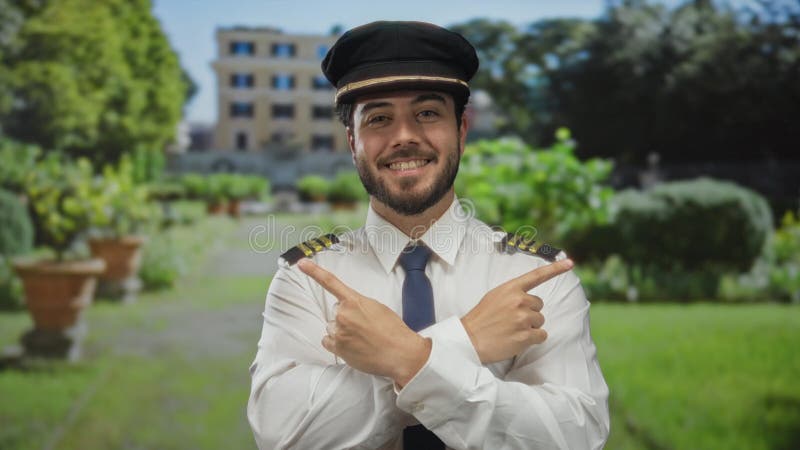 Un jeune homme hispanique souriant avec une barbe en uniforme de pilote et une casquette se tient dans un parc vert pointant les d banque de vidéos