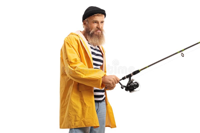 estación de televisión pecho identificación Un Joven Pescador Con Impermeable Amarillo Girando El Carrete Sobre Una  Caña De Pescar Imagen de archivo - Imagen de persona, bigotes: 200612855