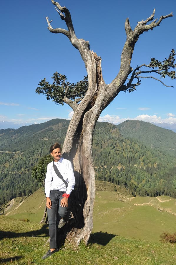 Un joven turista posando contra un árbol con hermosas vistas de la montaña y el cielo foto de archivo libre de regalías