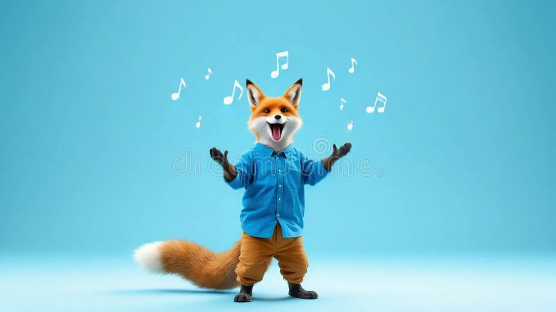 Un joyeux renard de dessin animé habillé d'une chemise bleue et de pantalons marron chante avec des notes musicales flottant autou illustration de vecteur